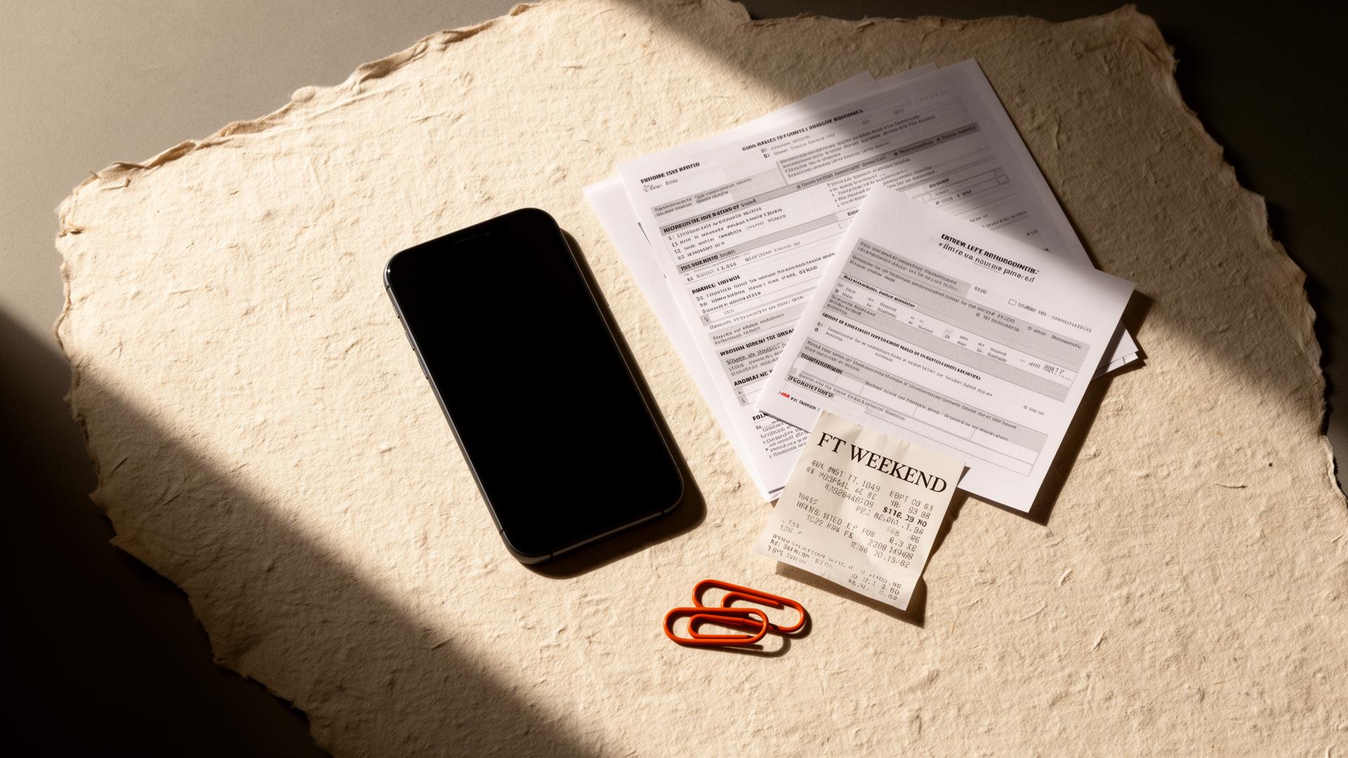 Editorial still life — a smartphone, regulated insurance paperwork, and a single ember-orange paperclip on warm cream paper.