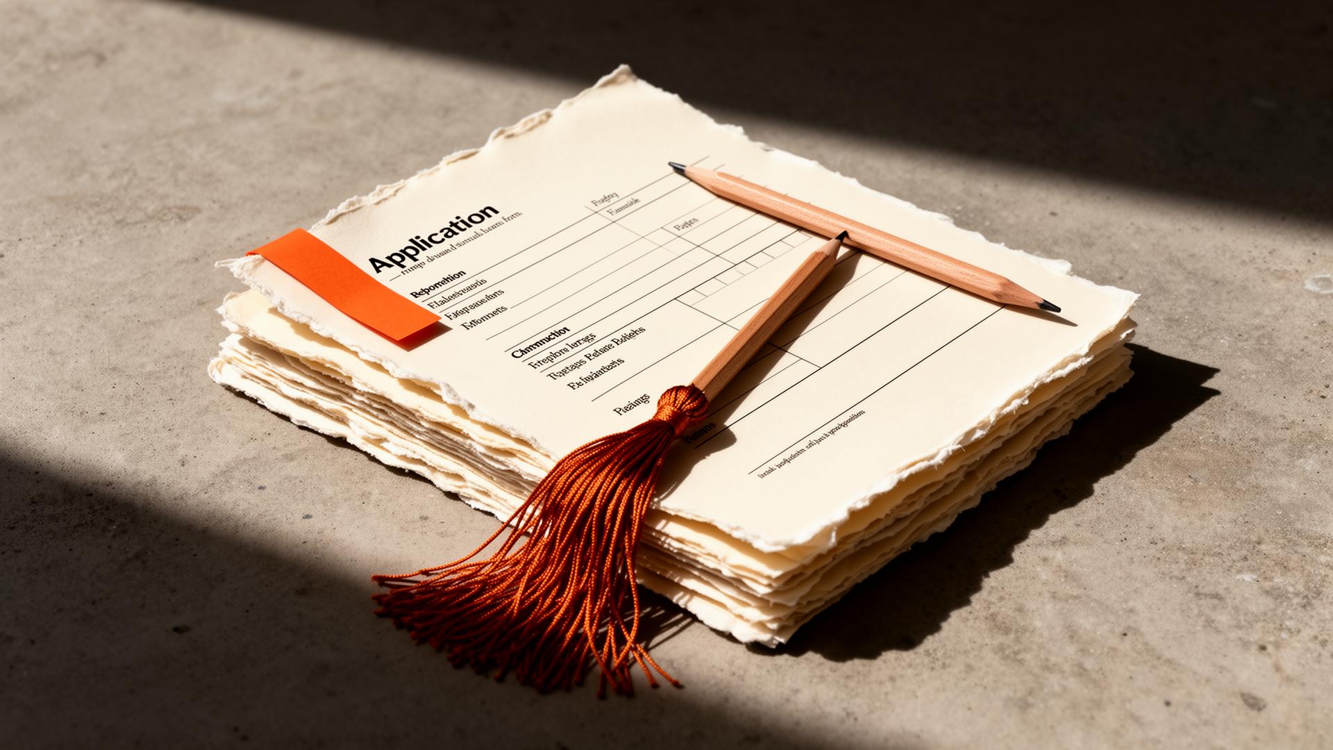 Editorial still life — a stack of deckled-edge application forms, a pencil, and a graduation tassel with an ember-orange index tab.