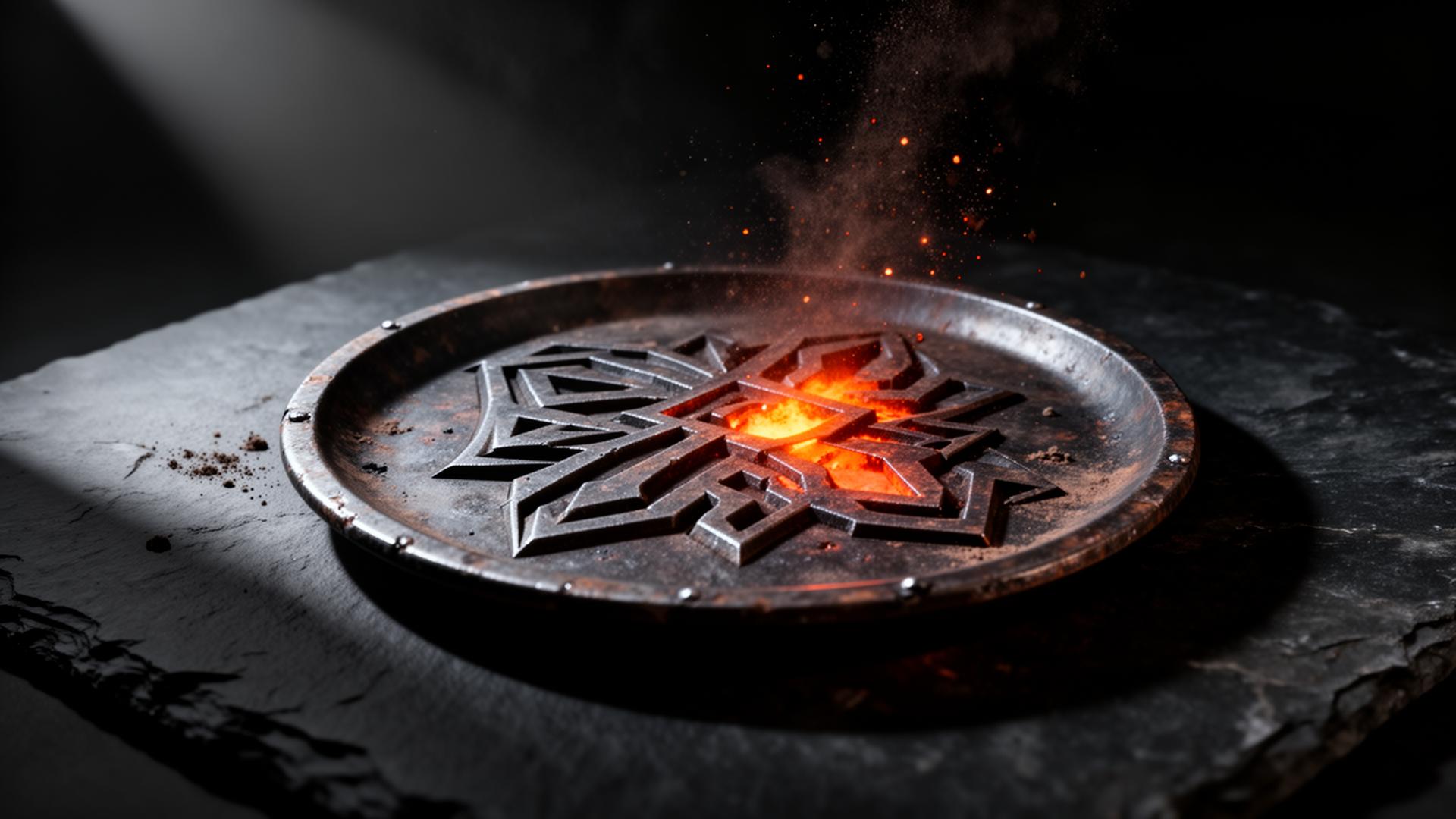 Dark cinematic still life — a weathered metal heraldic plate on slate with a glowing ember-orange forge cavity and rising sparks.